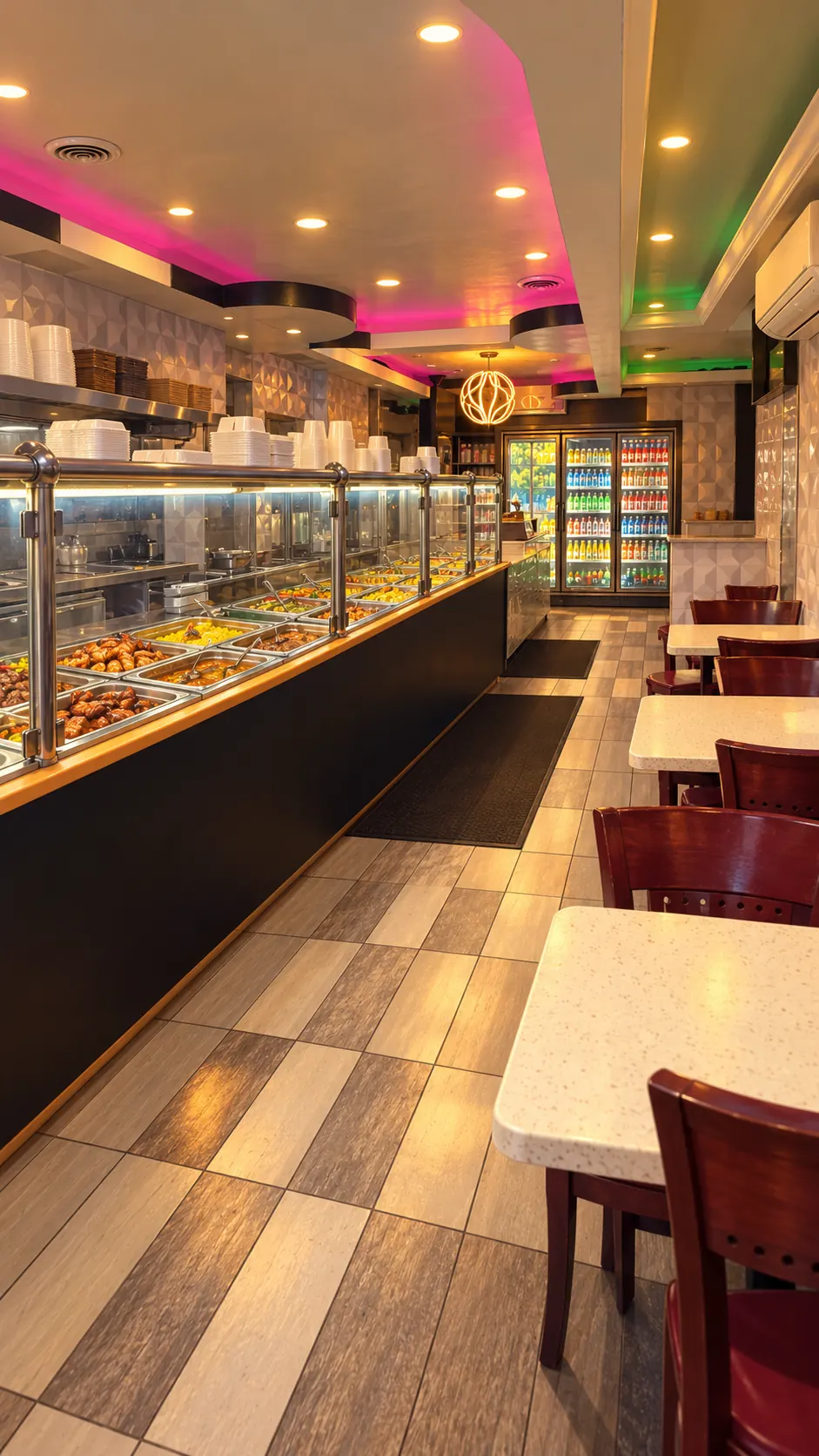 Inside the restaurant: the hot food counter and dining tables