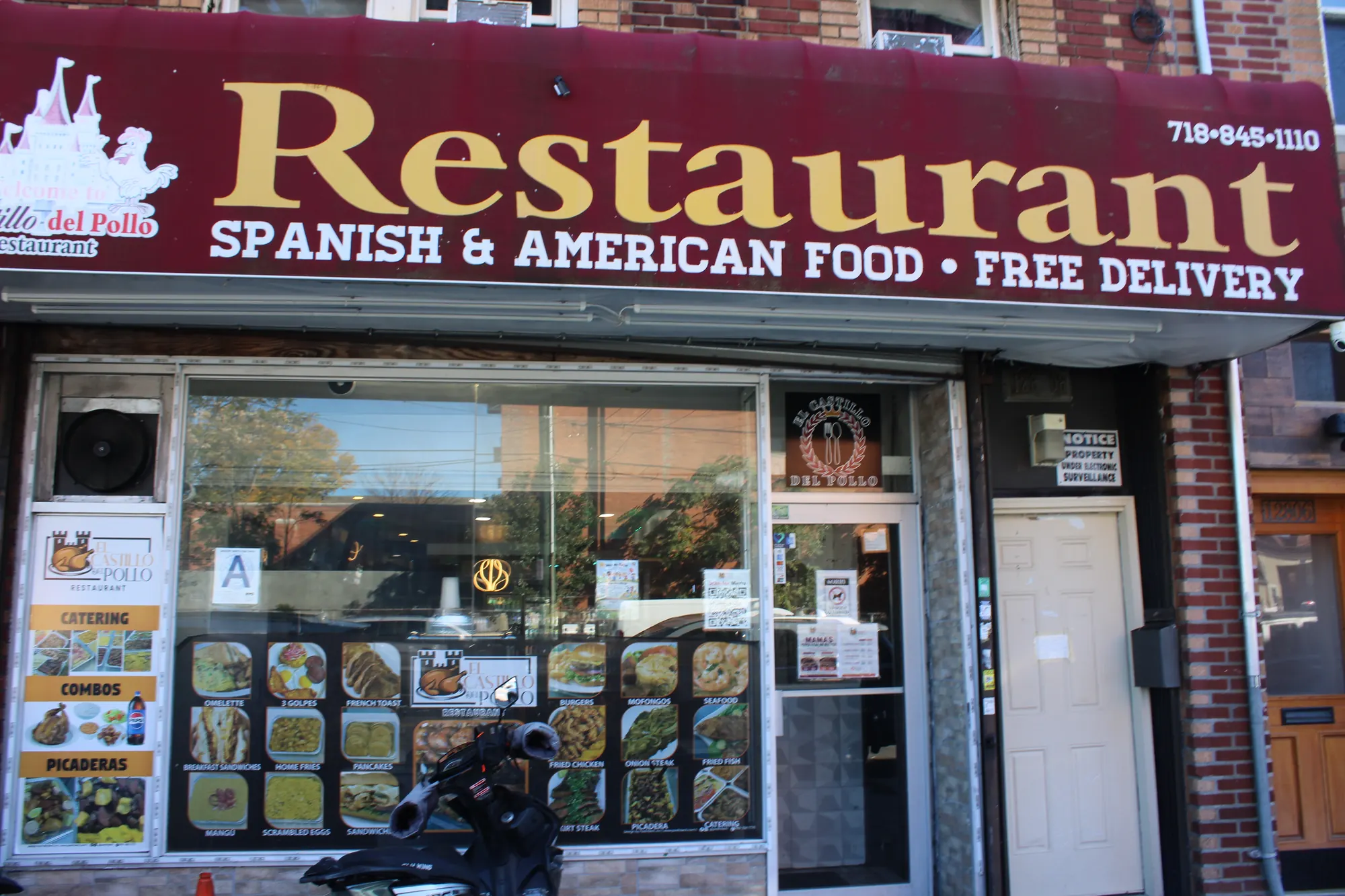 El Castillo del Pollo storefront on 111th Avenue with the red Restaurant awning
